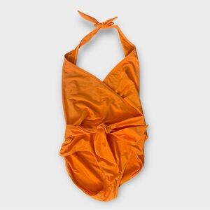 RACHEL Rachel Roy orange one piece halter swimsuit with tie waist, size large